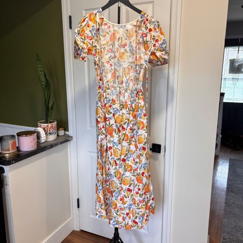 Reformation Anneliese Linen Dress Fruit Cocktail Open Back Puff Sleeve Midi Sz 4 - Picture 3 of 9